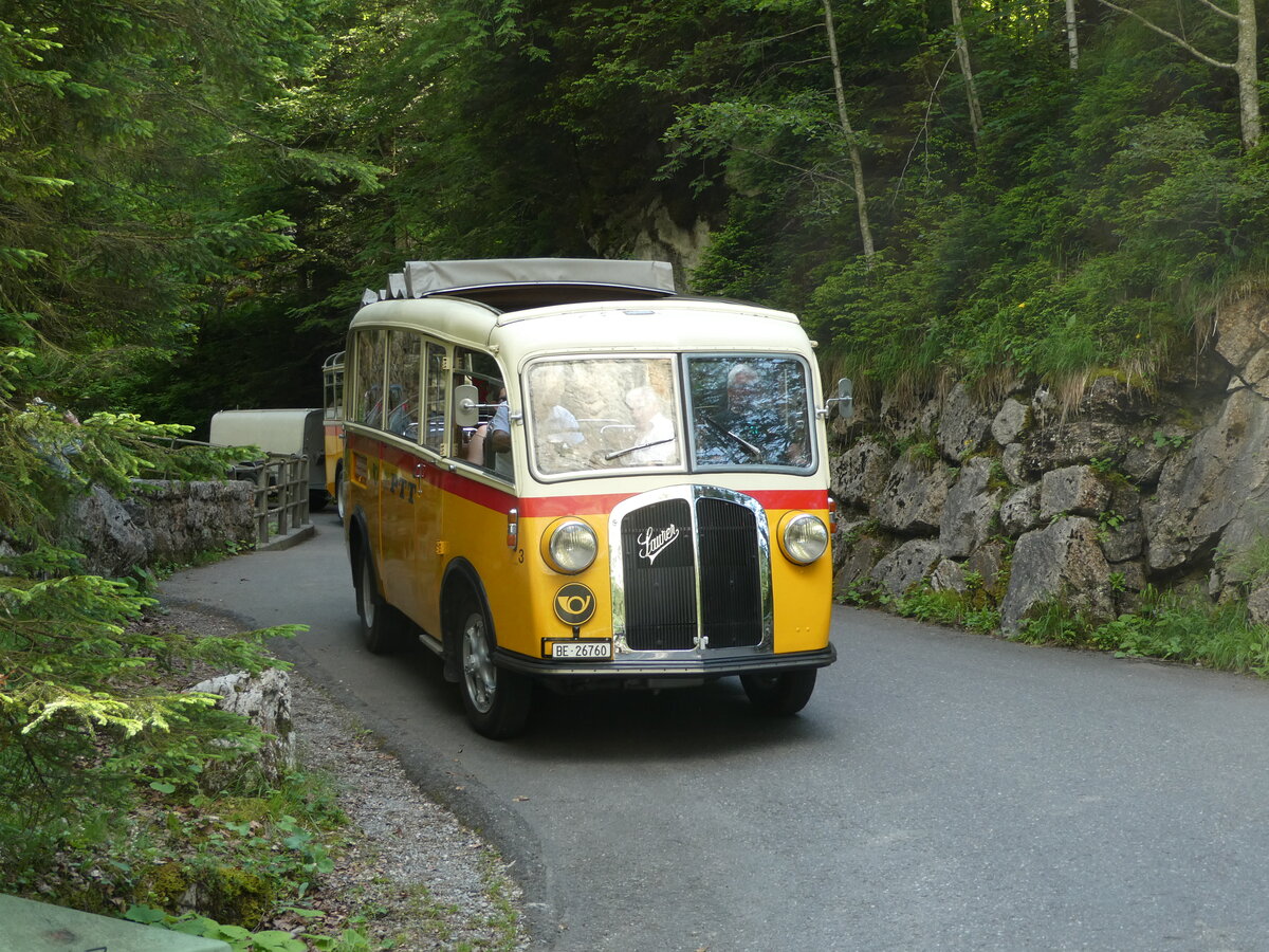 (237'684) - Schmid, Th�rishaus - Nr. 3/BE 26'760 - Saurer/Gangloff (ex Geiger, Adelboden Nr. 3) am 26. Juni 2022 in Kiental, Hexenkessel