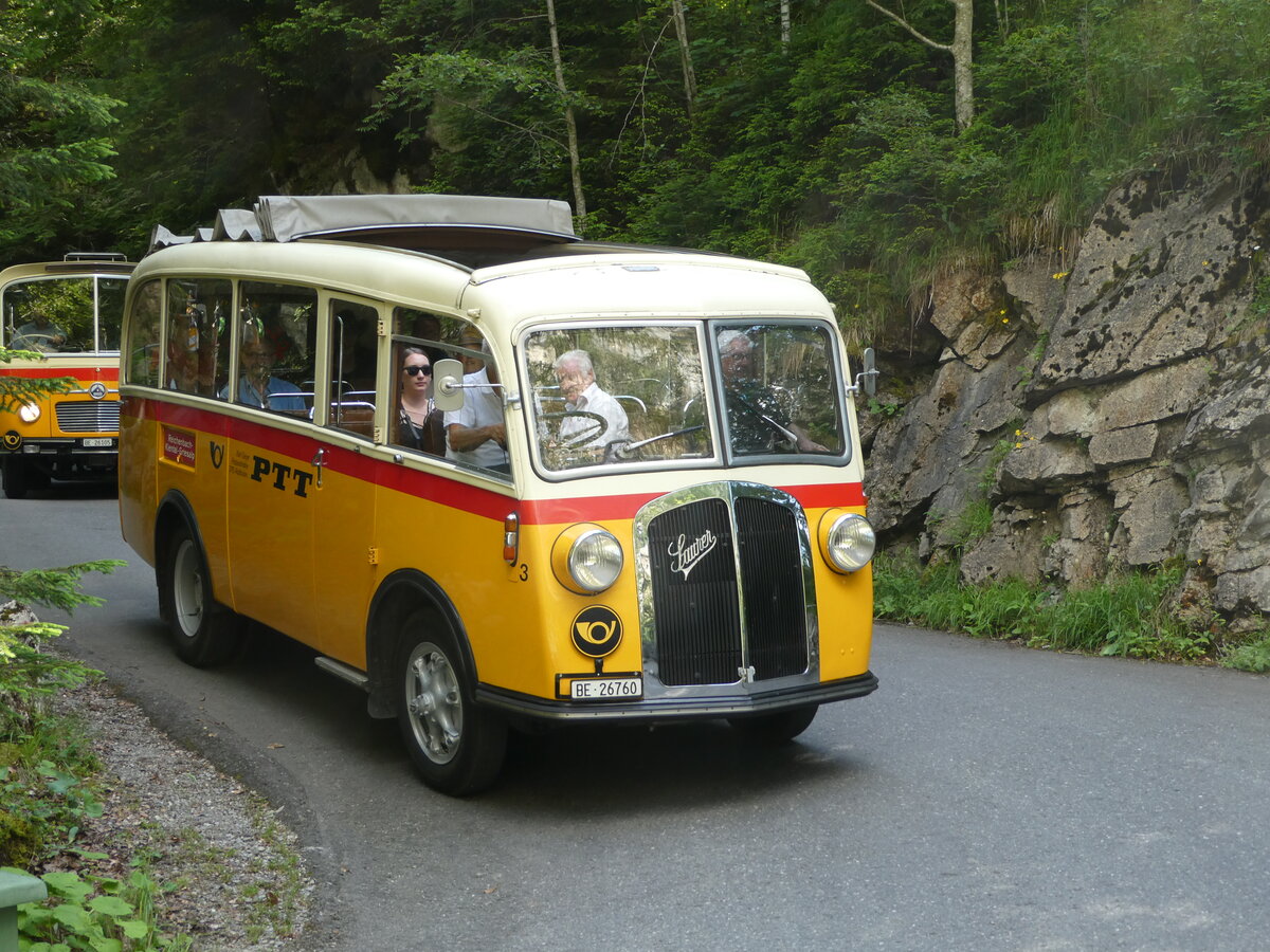 (237'685) - Schmid, Th�rishaus - Nr. 3/BE 26'760 - Saurer/Gangloff (ex Geiger, Adelboden Nr., 3) am 26. Juni 2022 in Kiental, Hexenkessel