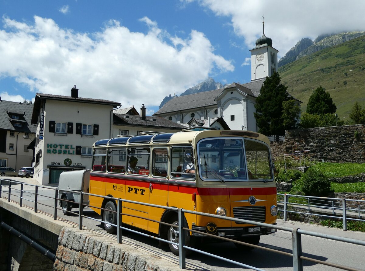 (237'970) - Schmid, Th�rishaus - Nr. 9/BE 26'105 - Saurer/R&J (ex Geiger, Adelboden Nr. 9) am 10. Juli 2022 in Hospental, Reussbr�cke