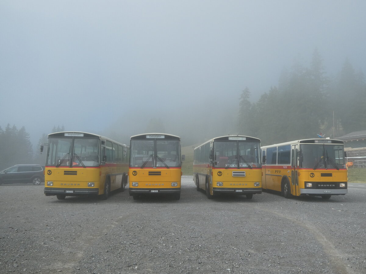 (239'780) - Kammermann, Zillis - Nr. 74/BE 243'579 - Saurer/R&J (ex AVG Meiringen Nr. 74; ex PostAuto Berner Oberland; ex P 24'357) + Schmid, Th�rishaus - BE 26'206 - Saurer/T�scher (ex P 24'244) + Ackermann, Landquart - GR 106'362 - Saurer/R&J (ex F�ssler, Unteriberg; ex Sch�rch, Gutenburg Nr. 6; ex P 24'358) + Roth, Z�rich - SH 36'376 - Saurer/T�scher (ex Looser, Elm; ex Mattli, Wassen) am 28. August 2022 in Stalden, Langis