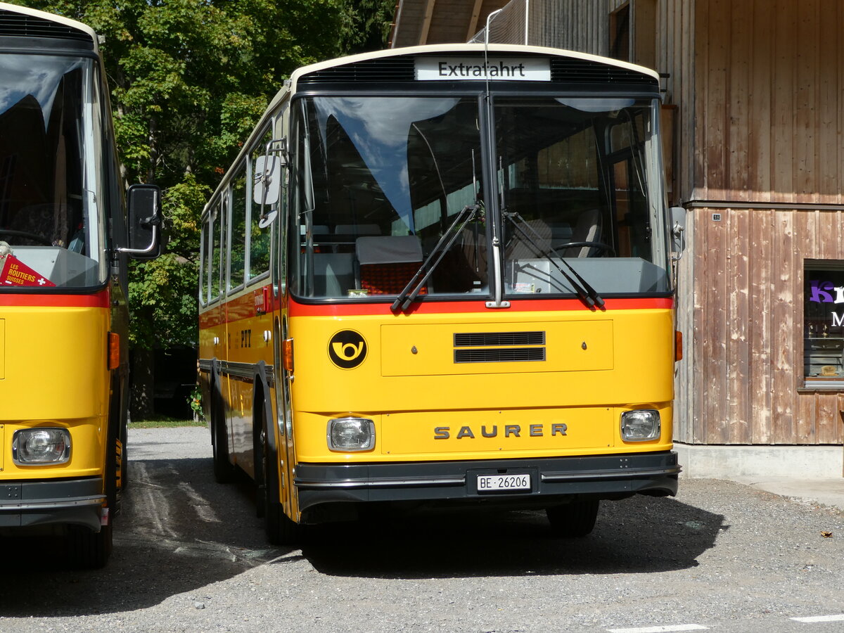 (239'873) - Schmid, Th�rishaus - BE 26'206 - Saurer/T�scher (ex P 24'244) am 28. August 2022 in Schwarzenegg, Restaurant Kreuz