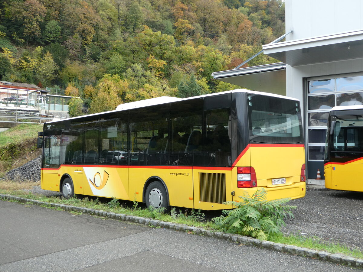 (242'783) - Merzaghi, Maroggia - TI 215'333 - MAN/G�ppel (ex AutoPostale Ticino) am 16. November 2022 in Maroggia, Neue Garage