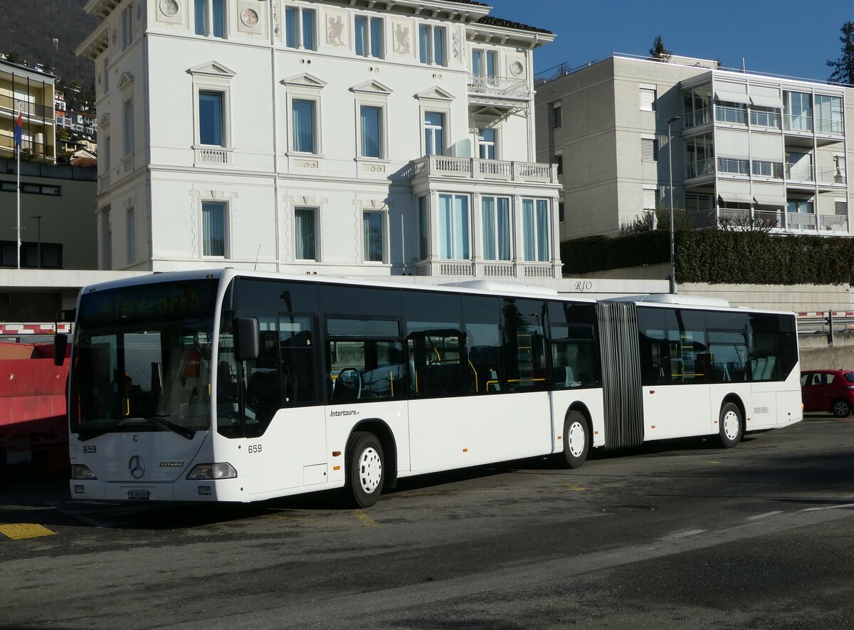 (245'899) - Intertours, Domdidier - Nr. 659/FR 300'659 - Mercedes (ex Nr. 205; ex VZO Gr�ningen Nr. 29) am 7. Februar 2023 beim Bahnhof Locarno