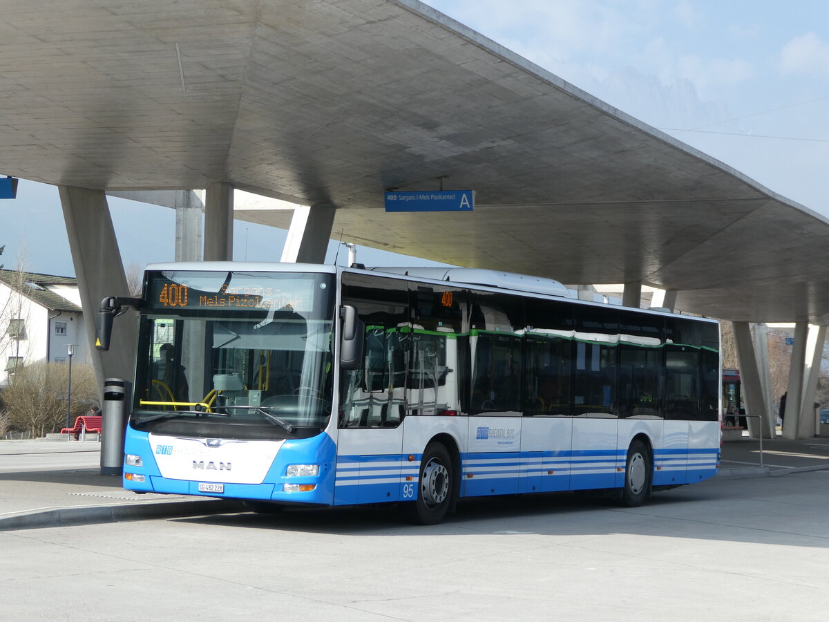 (246'858) - RTB Altst�tten - Nr. 95/SG 482'228 - MAN (ex PostBus/A BD 15'346) am 4. M�rz 2023 beim Bahnhof Buchs