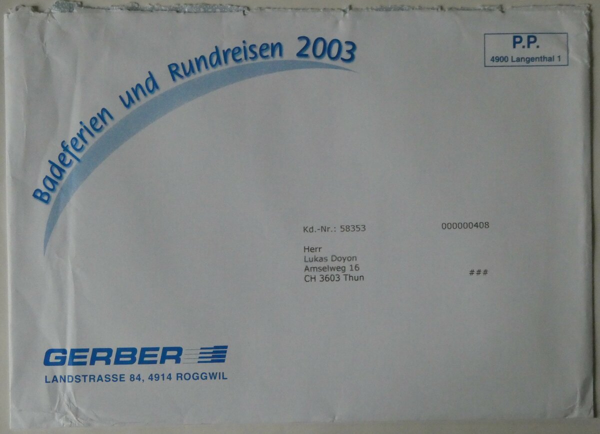 (247'160) - Gerber-Briefumschlag von 2003 am 12. M�rz 2023 in Thun