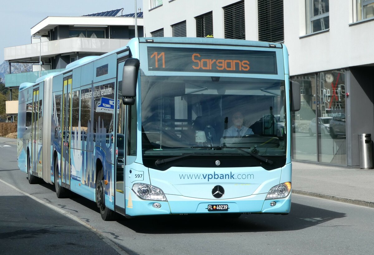 (247'486) - Aus Liechtenstein: BOS PS Anstalt, Vaduz - Nr. 597/FL 40'239 - Mercedes (ex PLA Vaduz Nr. 65/PID 11'180) am 21. M�rz 2023 beim Bahnhof Sargans