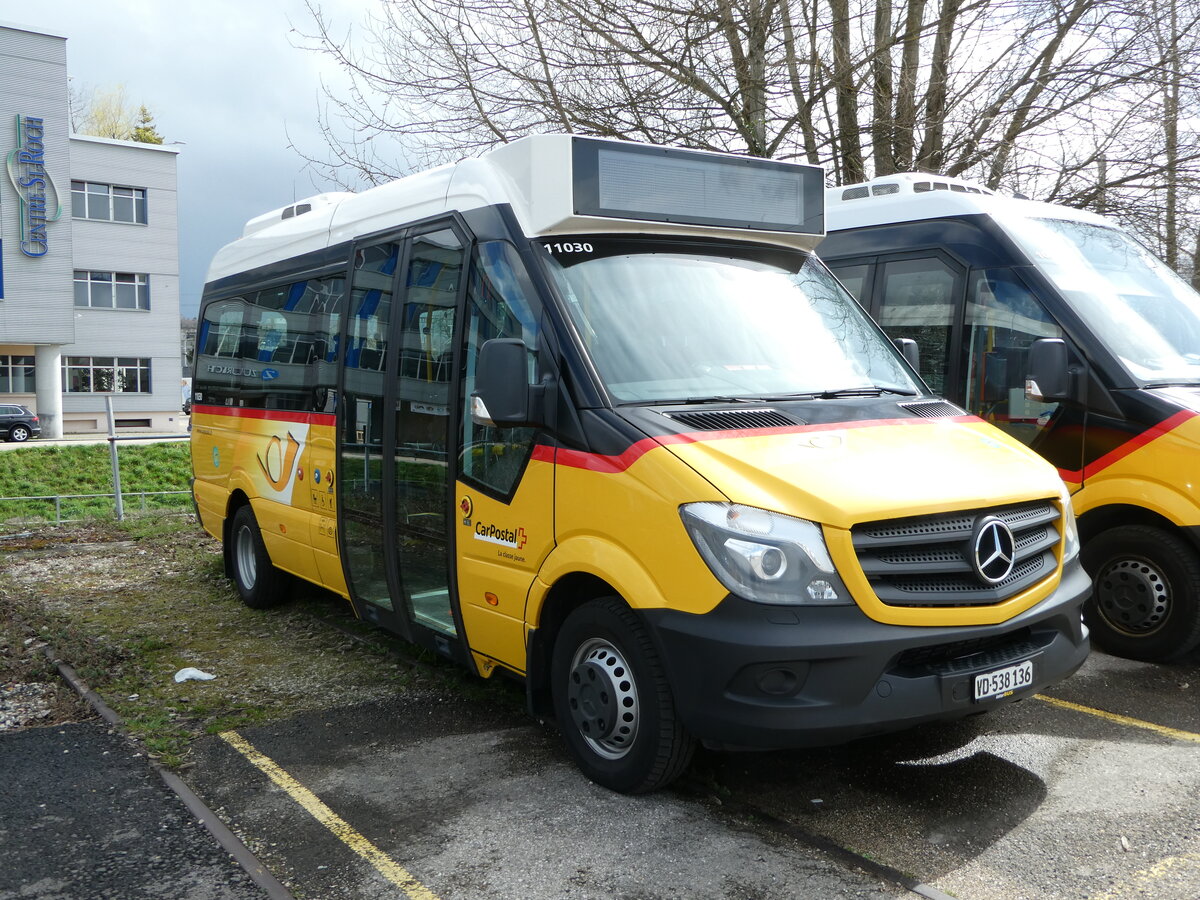(247'644) - CarPostal Ouest - VD 538'136/PID 11'030 - Mercedes (ex AVJ Les Bioux) am 25. M�rz 2023 in Yverdon, Garage
