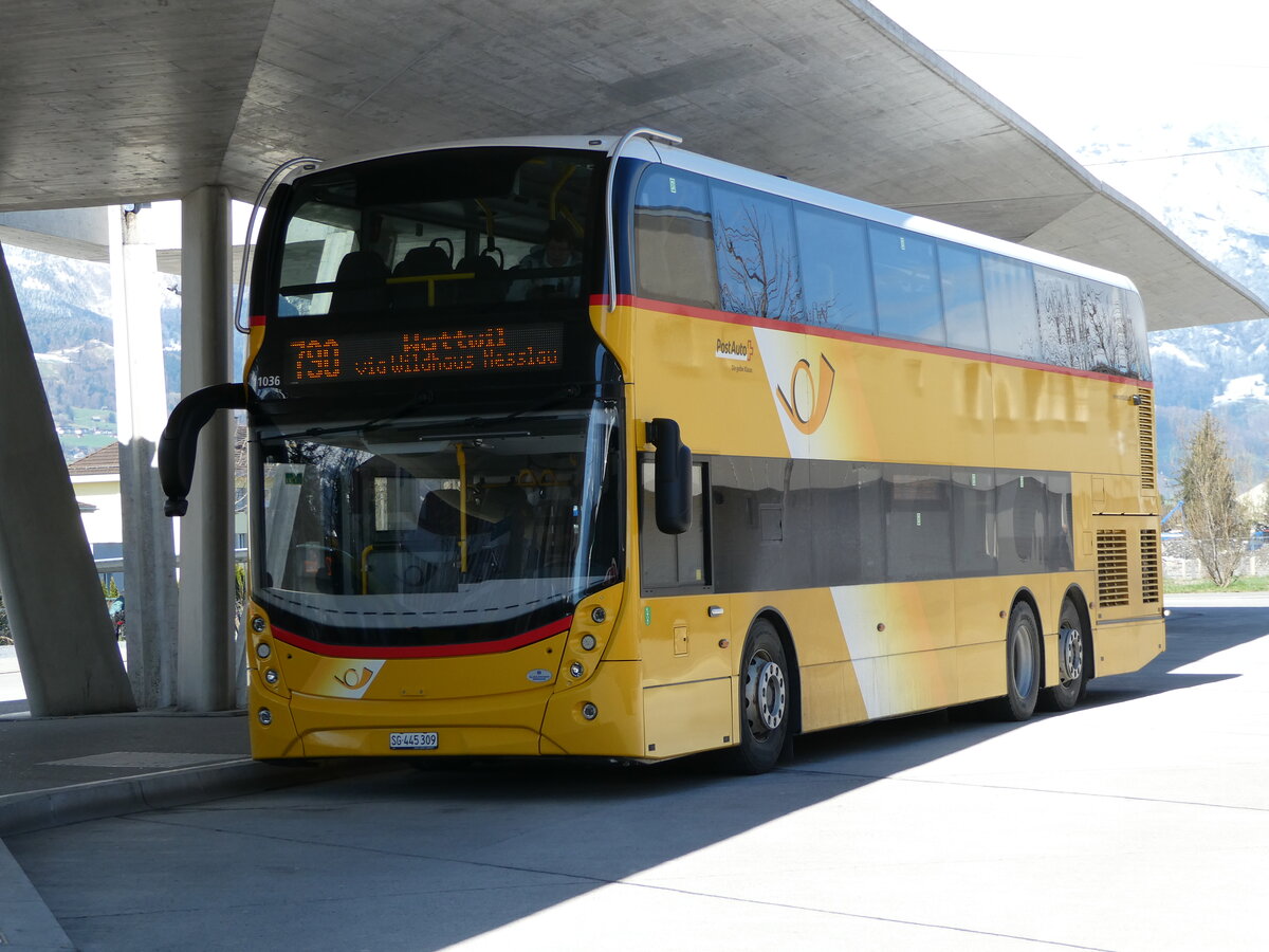 (247'787) - PostAuto Ostschweiz - SG 445'309/PID 11'036 - Alexander Dennis (ex CarPostal Ouest NE 154'830; ex PostAuto Ostschweiz SG 445'309) am 28. M�rz 2023 beim Bahnhof Buchs