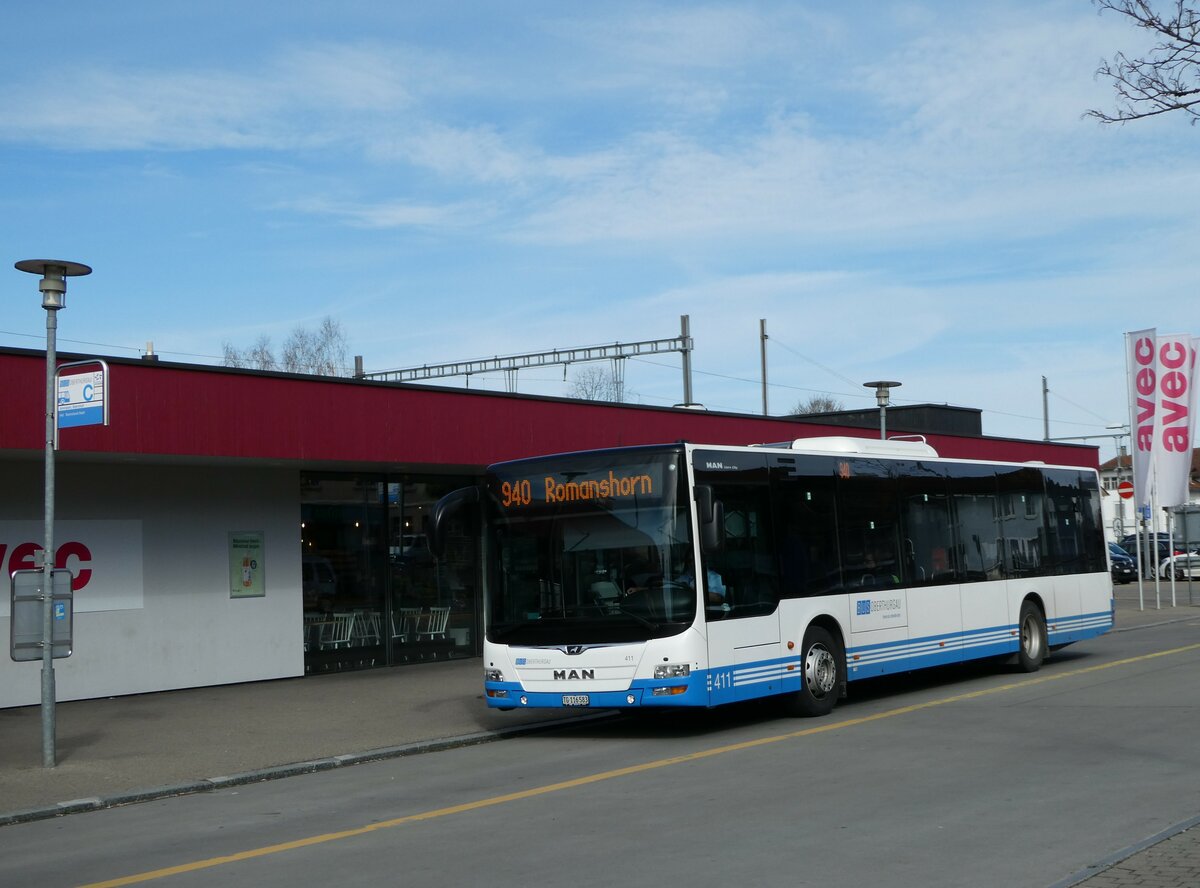 (247'818) - BOTG Amriswil - Nr. 411/TG 116'583 - MAN am 28. M�rz 2023 beim Bahnhof Amriswil