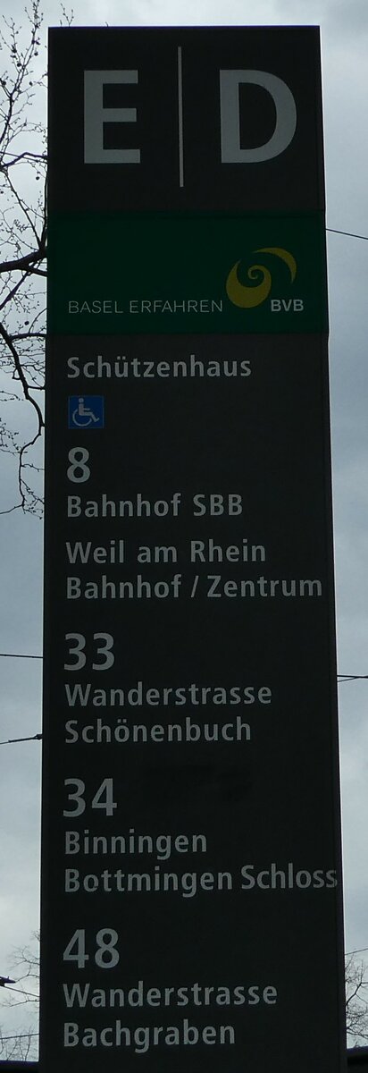 (247'872) - BVB-Haltestellenschild - Basel, Sch�tzenhaus - am 30. M�rz 2023