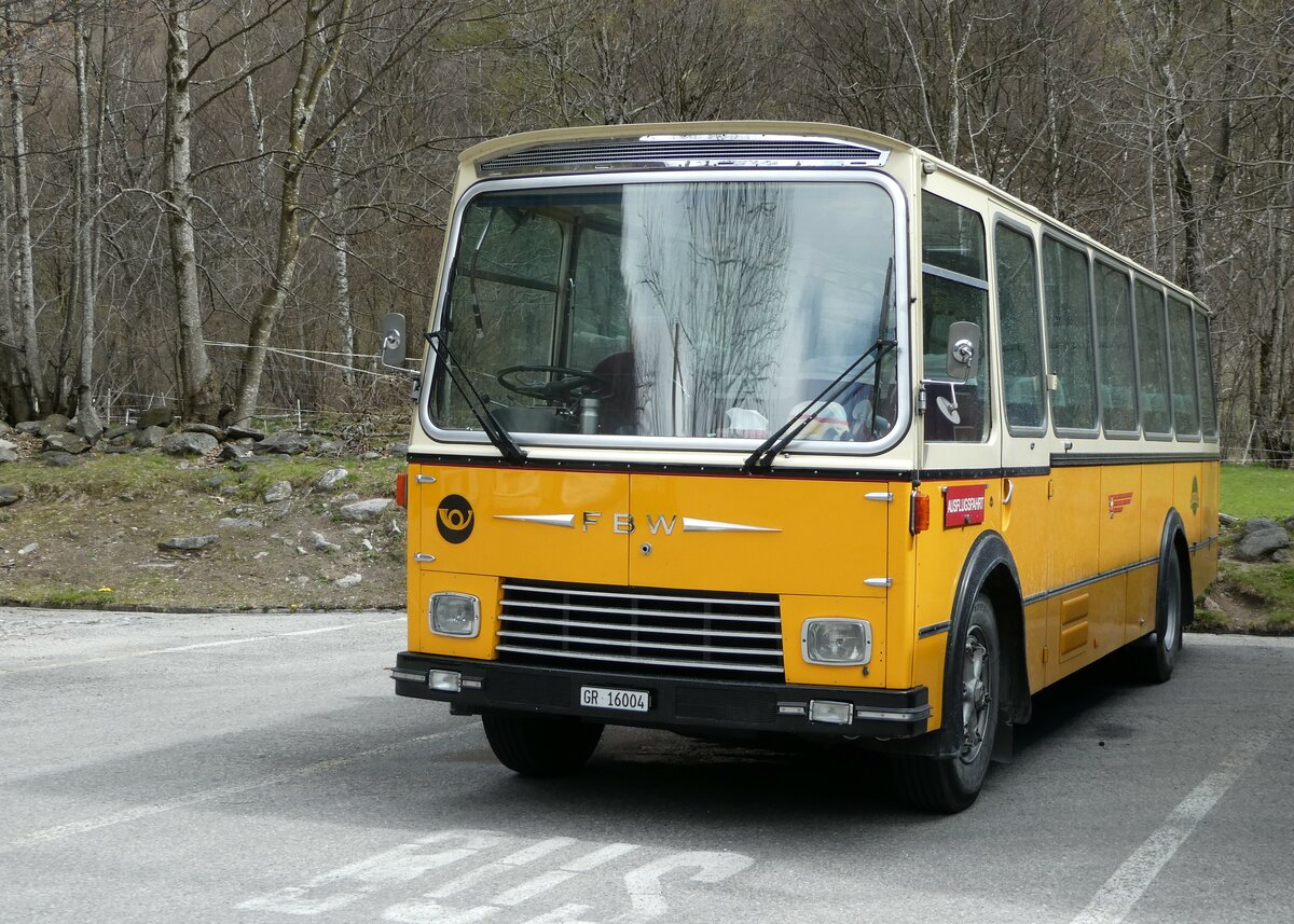 (248'700) - Wittwer, Chur - GR 16'004 - FBW/Gangloff (ex Eggenberger, M�riken; ex AVG Grindelwald Nr. 11; ex P 24'170) am 16. April 2023 in Sonogno