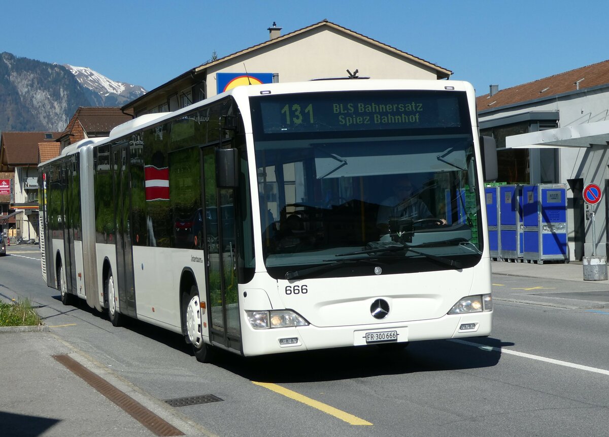 (249'472) - Intertours, Domdidier - Nr. 666/FR 300'666 - Mercedes (ex STI Thun Nr. 136) am 3. Mai 2023 in Spiez, L�tschbergplatz