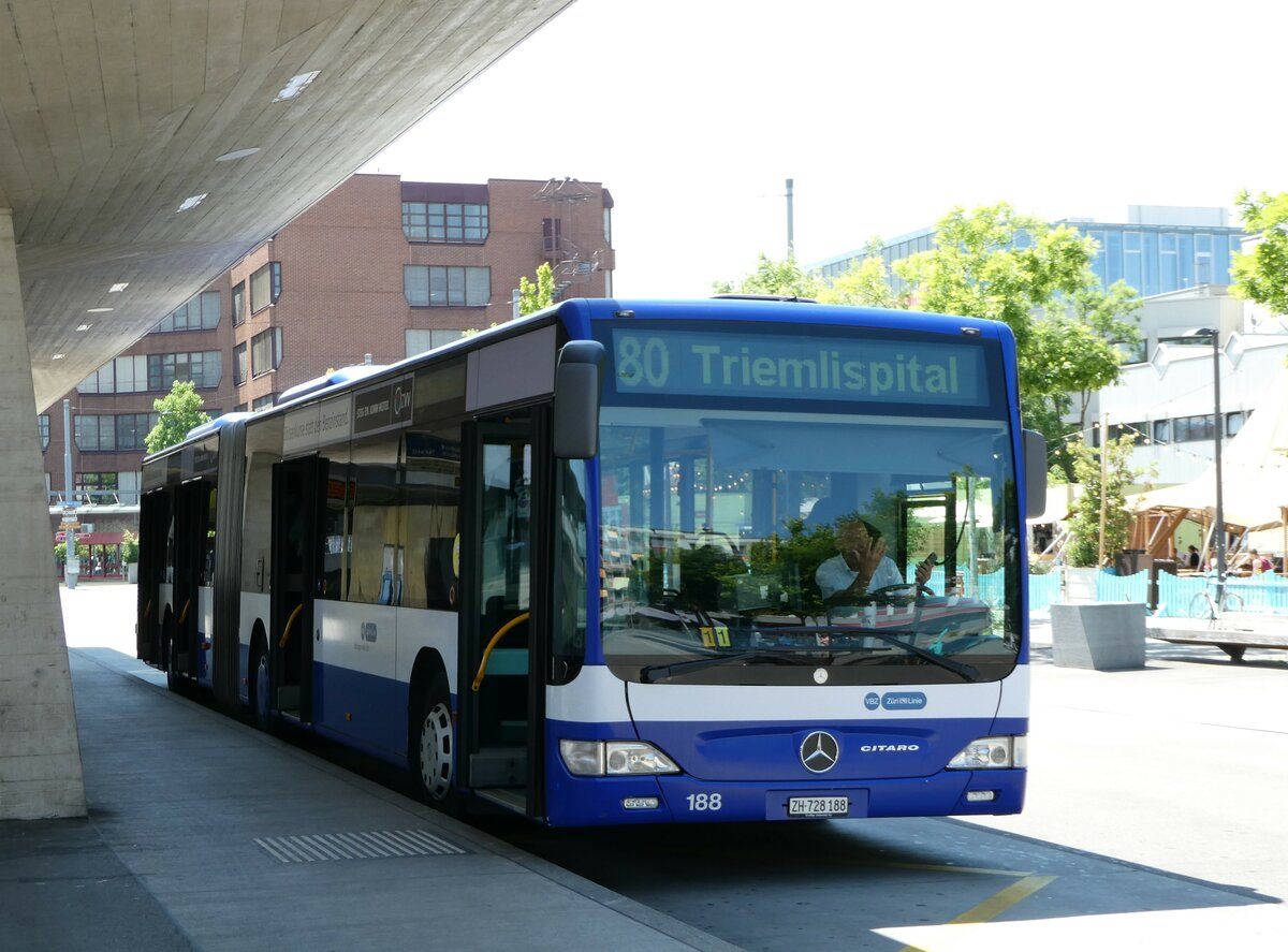 (251'483) - VBZ Z�rich - Nr. 188/ZH 728'188 - Mercedes (ex VZO Gr�ningen Nr. 110) am 13. Juni 2023 beim Bahnhof Z�rich Oerlikon