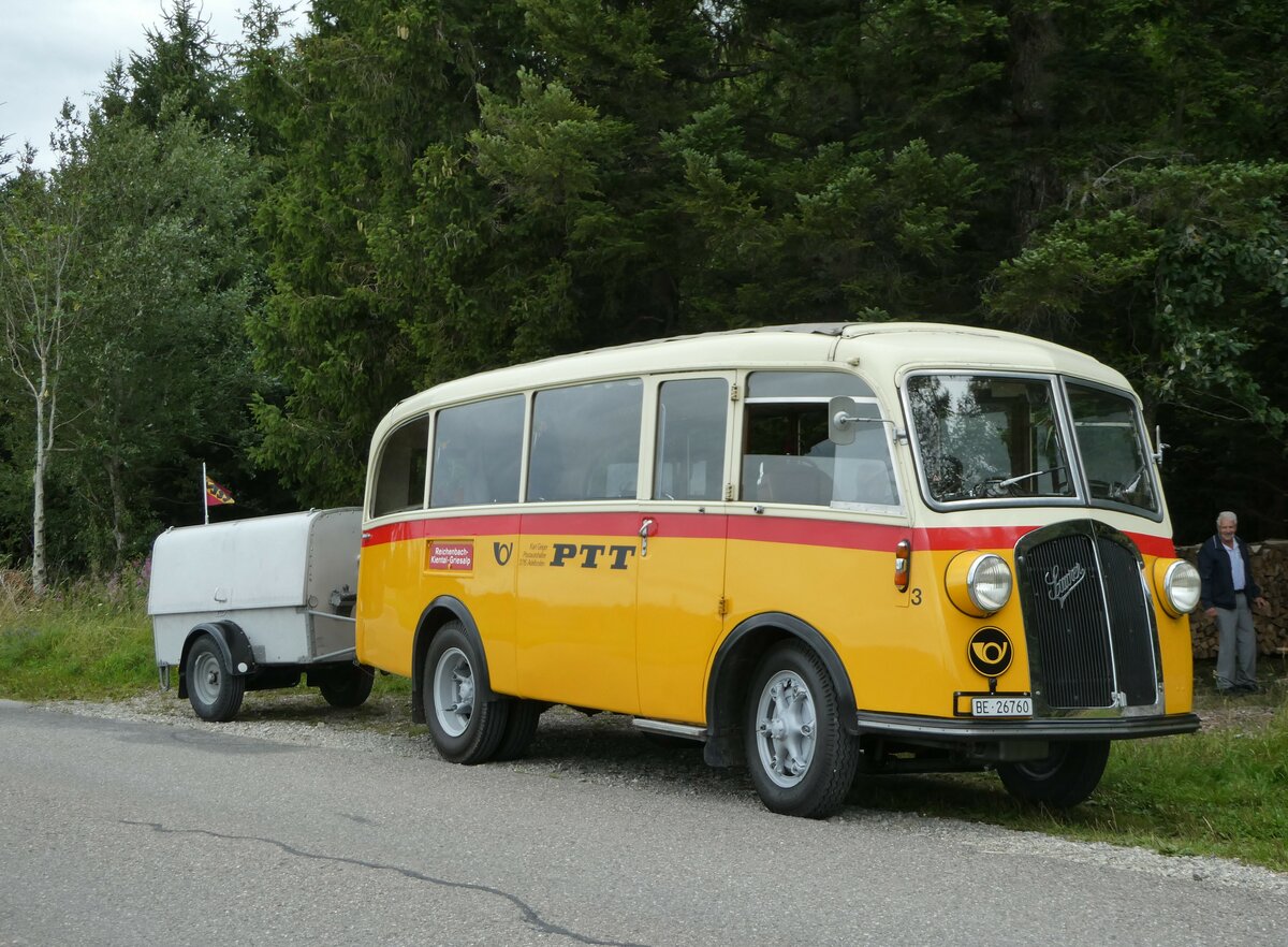 (253'541) - Schmid, Th�rishaus - Nr. 3/BE 26'760 - Saurer/Gangloff (ex Geiger, Adelboden Nr. 3) am 9. August 2023 bei Schwendi