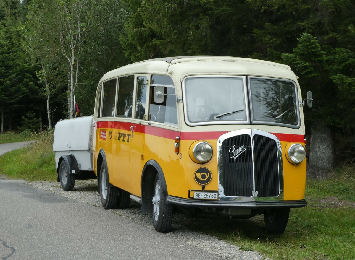 (253'542) - Schmid, Th�rishaus - Nr. 3/BE 26'760 - Saurer/Gangloff (ex Geiger, Adelboden Nr. 3) am 9. August 2023 bei Schwendi
