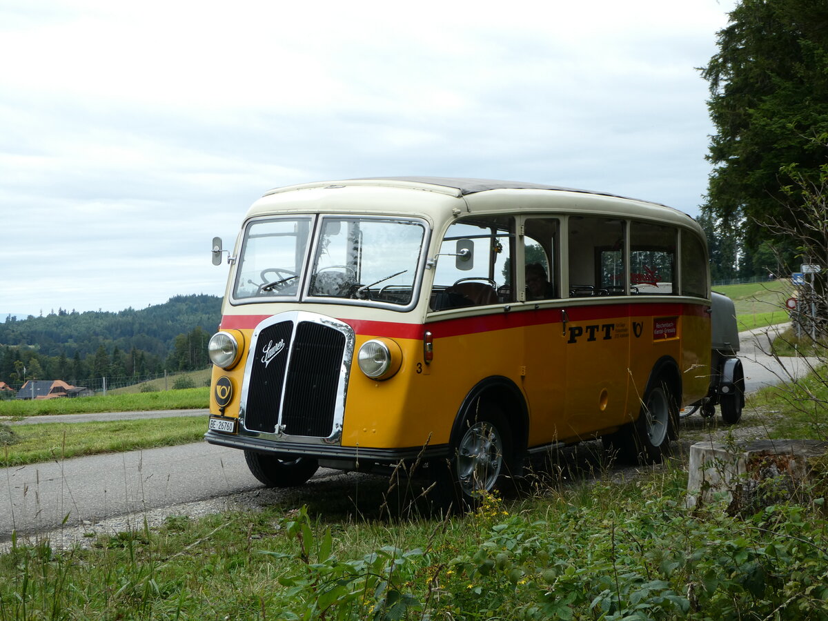 (253'543) - Schmid, Th�rishaus - Nr. 3/BE 26'760 - Saurer/Gangloff (ex Geiger, Adelboden Nr. 3) am 9. August 2023 bei Schwendi