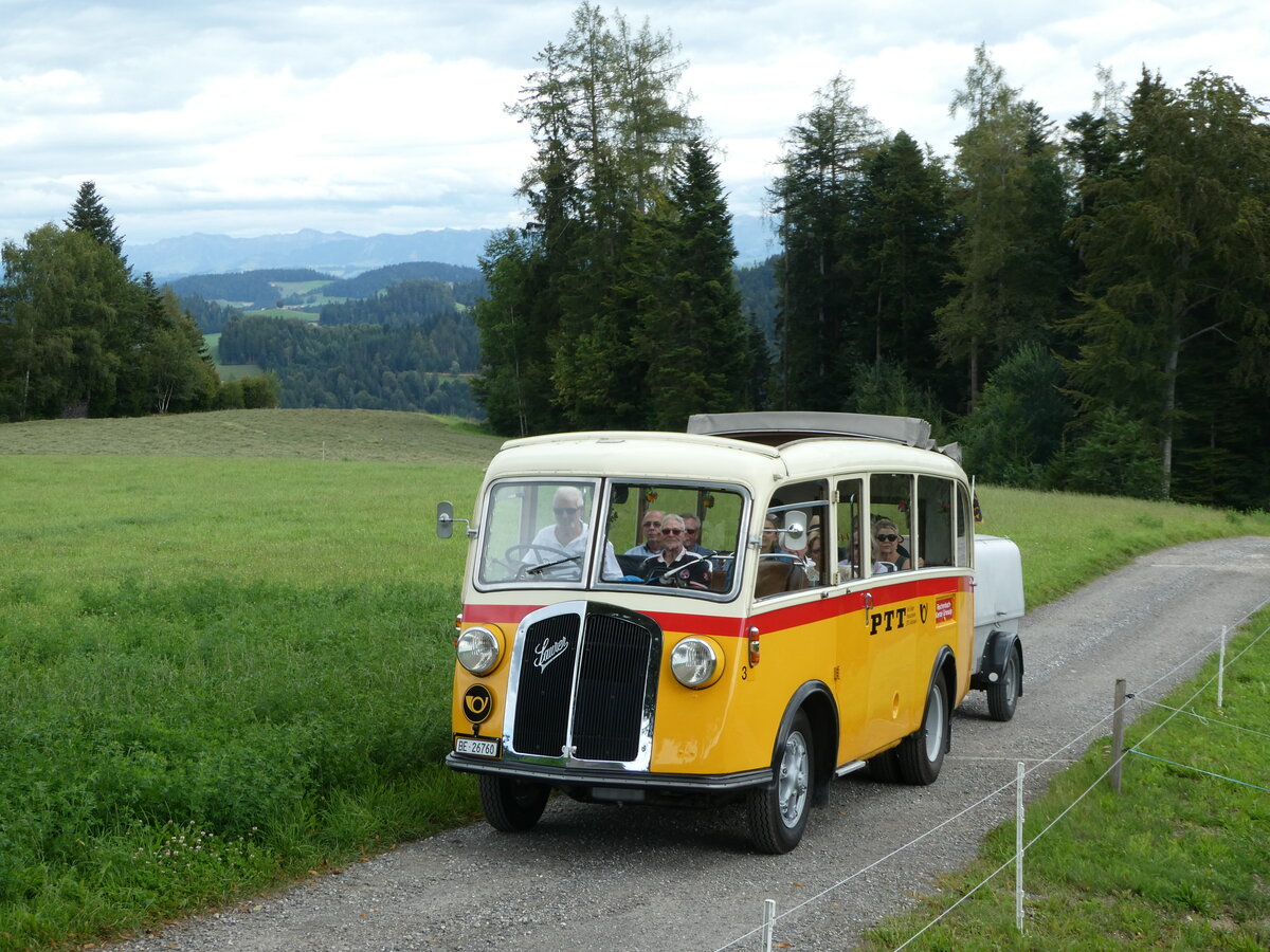 (253'572) - Schmid, Th�rishaus - Nr. 3/BE 26'760 - Saurer/Gangloff (ex Geiger, Adelboden Nr. 3) am 9. August 2023 in Bigenthal, Hellweid