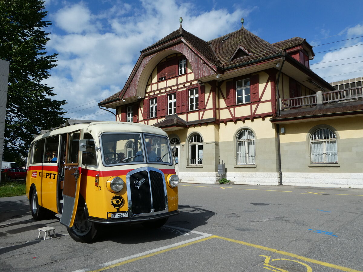 (253'577) - Schmid, Th�rishaus - Nr. 3/BE 26'760 - Saurer/Gangloff (ex Geiger, Adelboden Nr. 3) am 9. August 2023 beim Bahnhof Ostermundigen