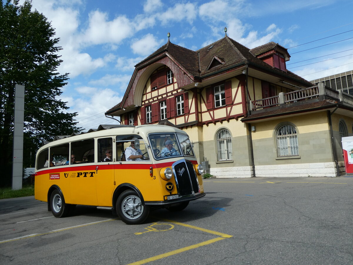 (253'579) - Schmid, Th�rishaus - Nr. 3/BE 26'760 - Saurer/Gangloff (ex Geiger, Adelboden Nr. 3) am 9. August 2023 beim Bahnhof Ostermundigen