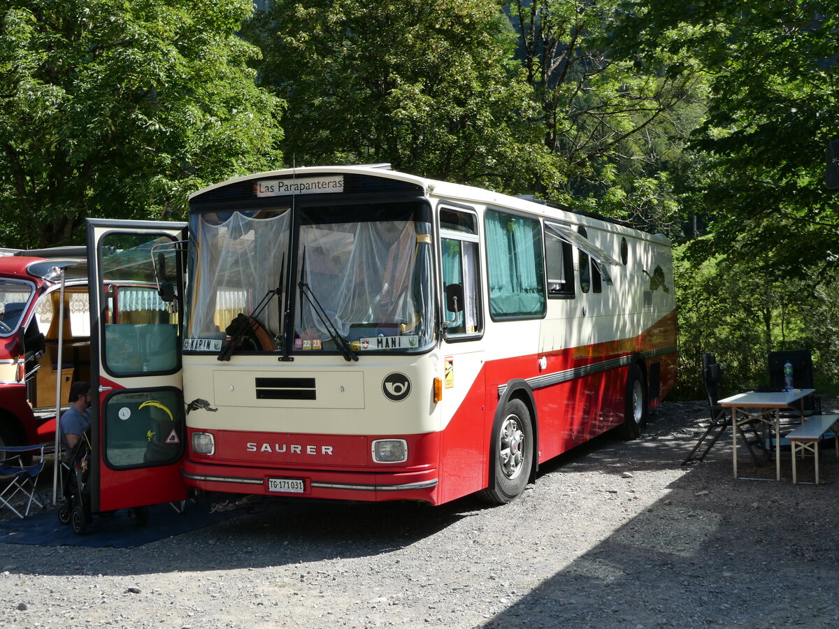 (253'943) - Rogoll - TG 171'031 - Saurer/T�scher (ex P 24'273) am 19. August 2023 in Hoch-Ybrig, Talstation Weglosen