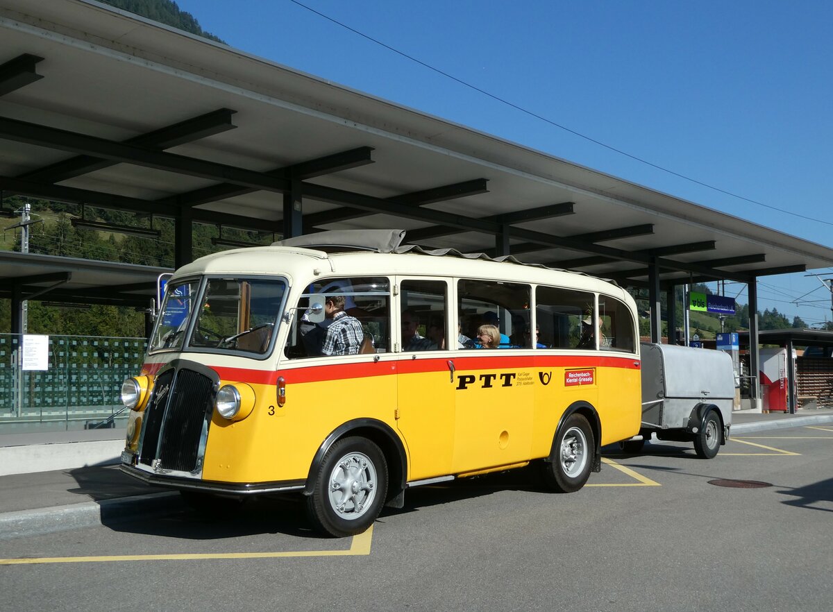 (255'047) - Schmid, Th�rishaus - Nr. 3/BE 26'760 - Saurer/Gangloff (ex Geiger, Adelboden Nr. 3) am 10. September 2023 beim Bahnhof Reichenbach