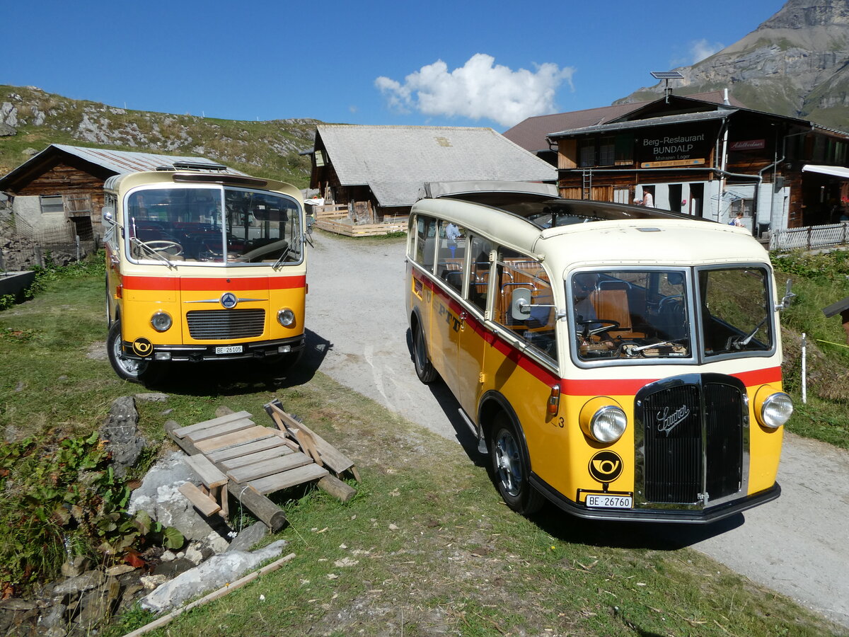 (255'100) - Schmid, Th�rishaus - Nr. 9/BE 26'105 - Saurer/R&J (ex GEiger, Adelboden Nr. 9) + Nr. 3/BE 26'760 - Saurer/Gangloff (ex Geiger, Adelboden Nr. 3) am 10. September 2023 auf der Bundalp