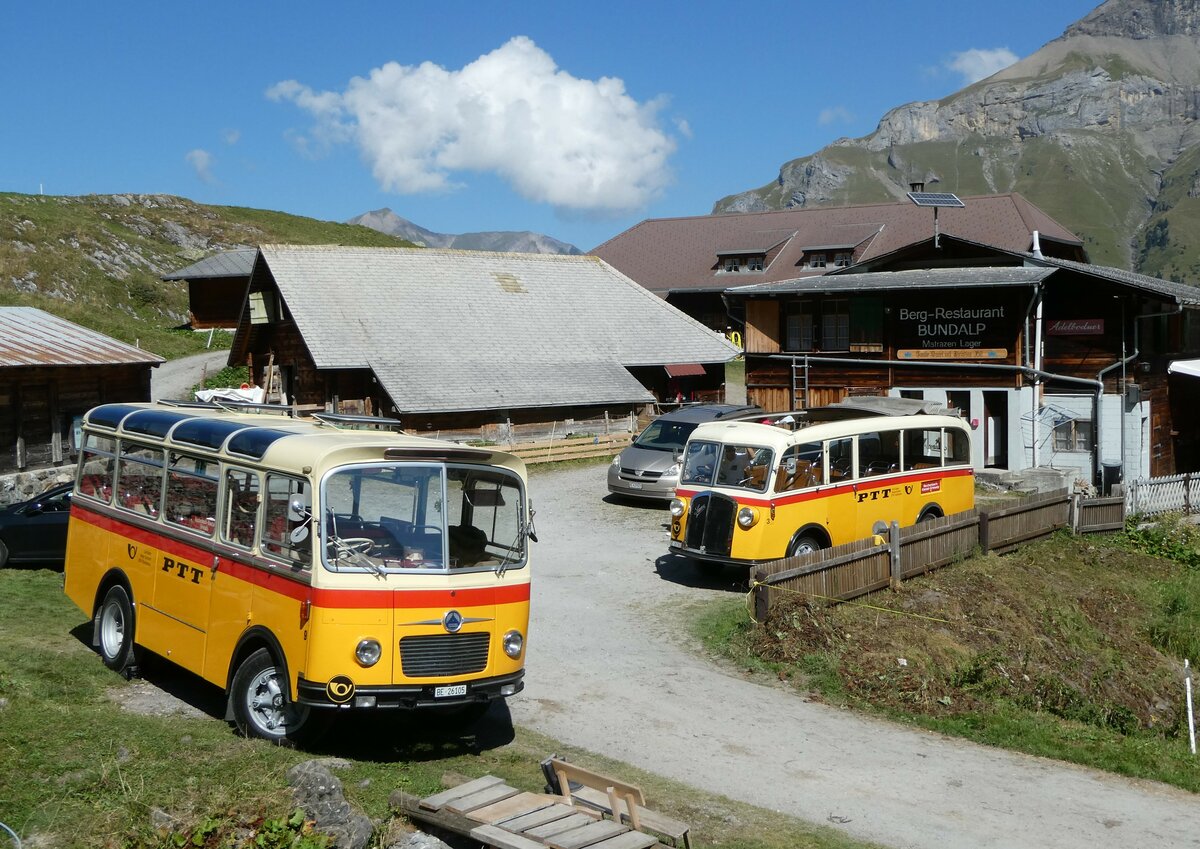 (255'105) - Schmid, Th�rishaus - Nr. 9/BE 26'105 - Saurer/R&J (ex Geiger, Adelboden Nr. 9) + Nr. 3/BE 26'760 - Saurer/Gangloff (ex Geiger, Adelboden Nr. 3) am 10. September 2023 auf der Bundalp