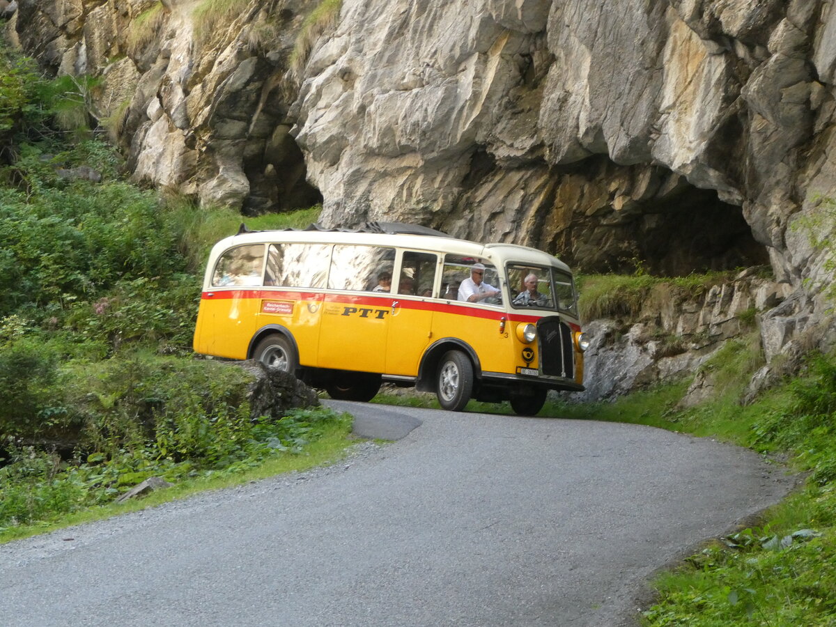 (255'113) - Schmid, Th�rishaus - Nr. 3/BE 26'760 - Saurer/Gangloff (ex Geiger, Adelboden Nr. 3) am 10. September 2023 in Griesalp, Griesschlucht
