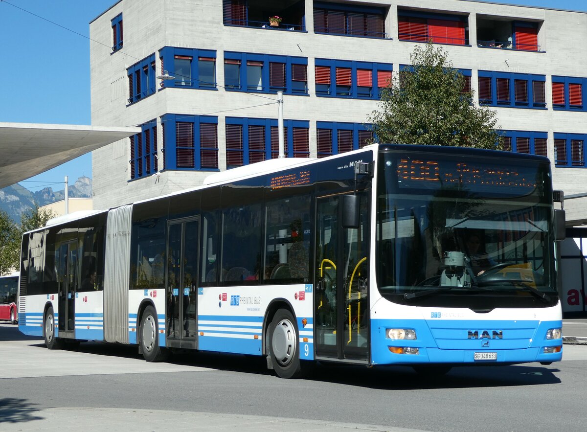 (255'612) - RTB Altst�tten - Nr. 9/SG 348'633 - MAN am 26. September 2023 beim Bahnhof Buchs