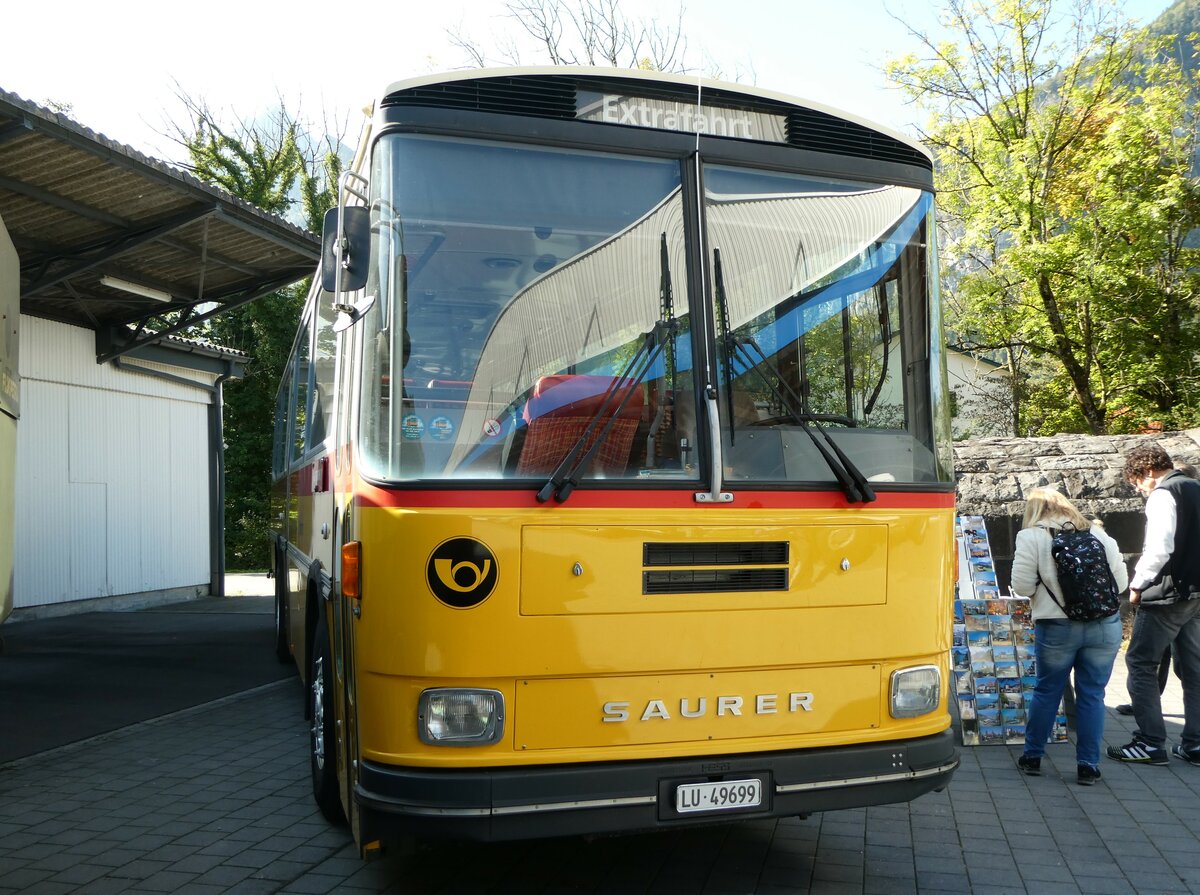 (255'957) - Huber, Oberkirch - LU 49'699 - Saurer/R&J (ex Frigg, Zernez; ex P 24'283) am 7. Oktober 2023 in N�fels, FBW-Museum