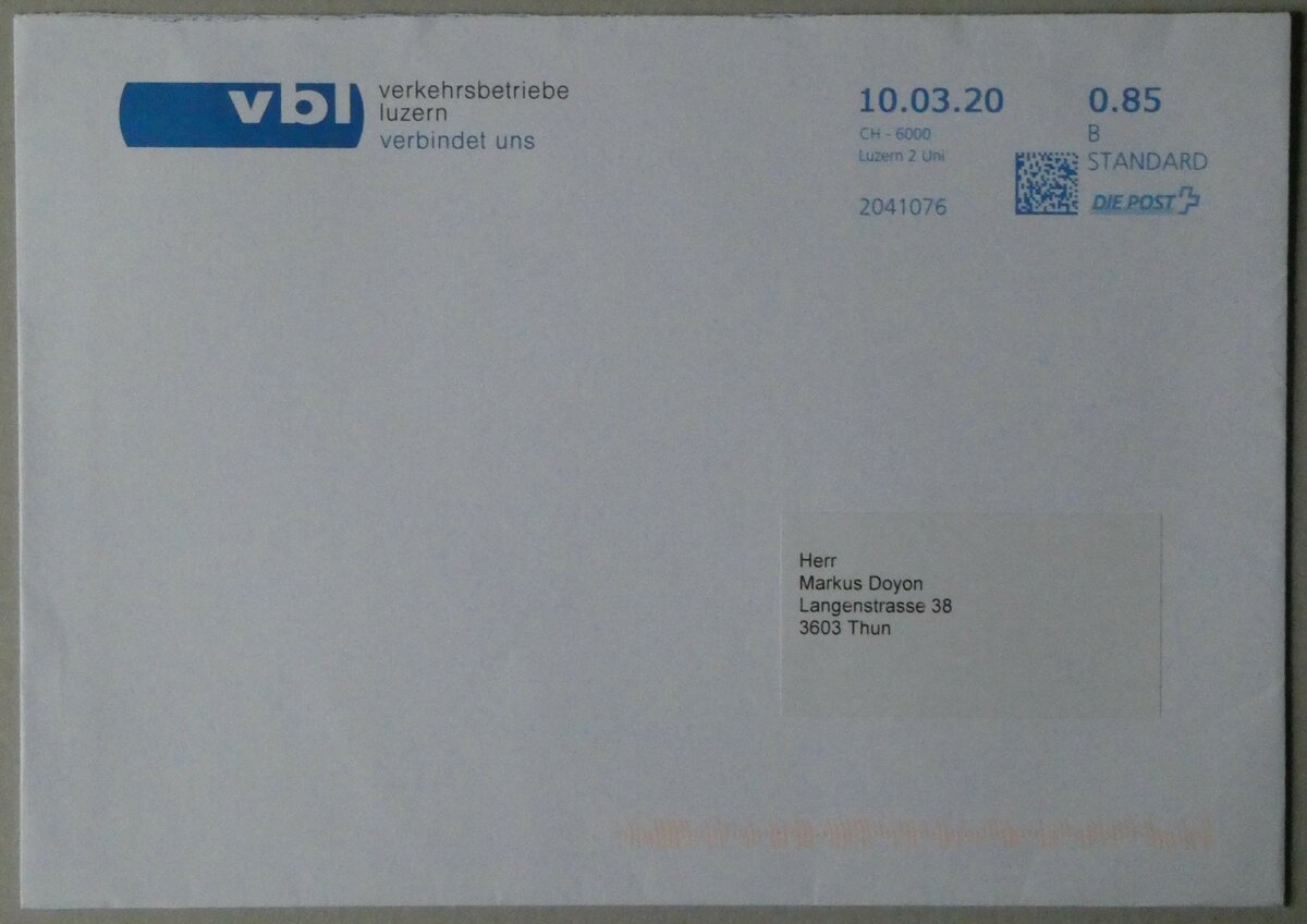 (256'976) - VBL-Briefumschlag vom 10. M�rz 2020 am 12. November 2023 in Thun