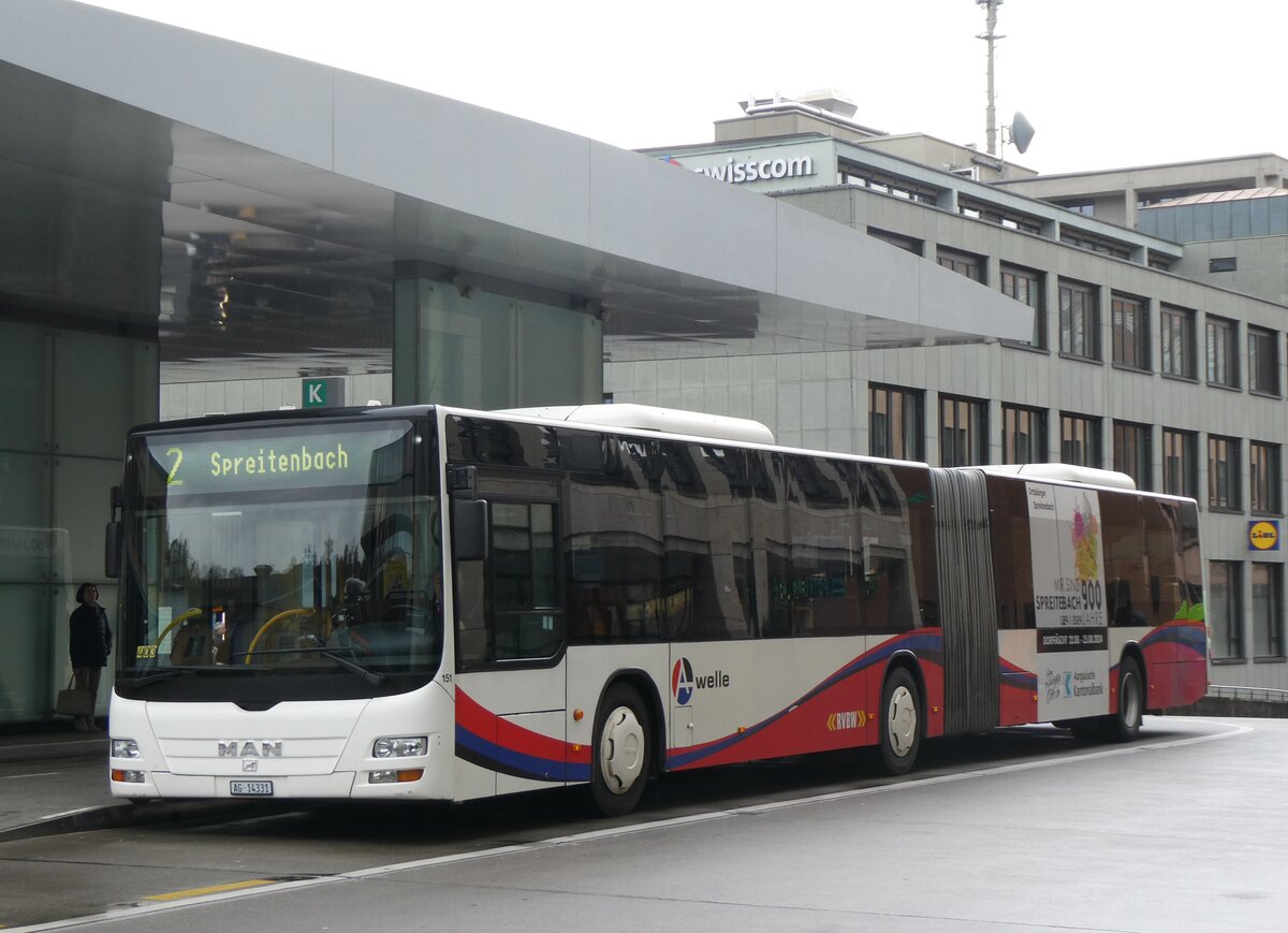 (260'749) - RVBW Wettingen - Nr. 151/AG 14'331 - MAN am 28. M�rz 2024 beim Bahnhof Baden