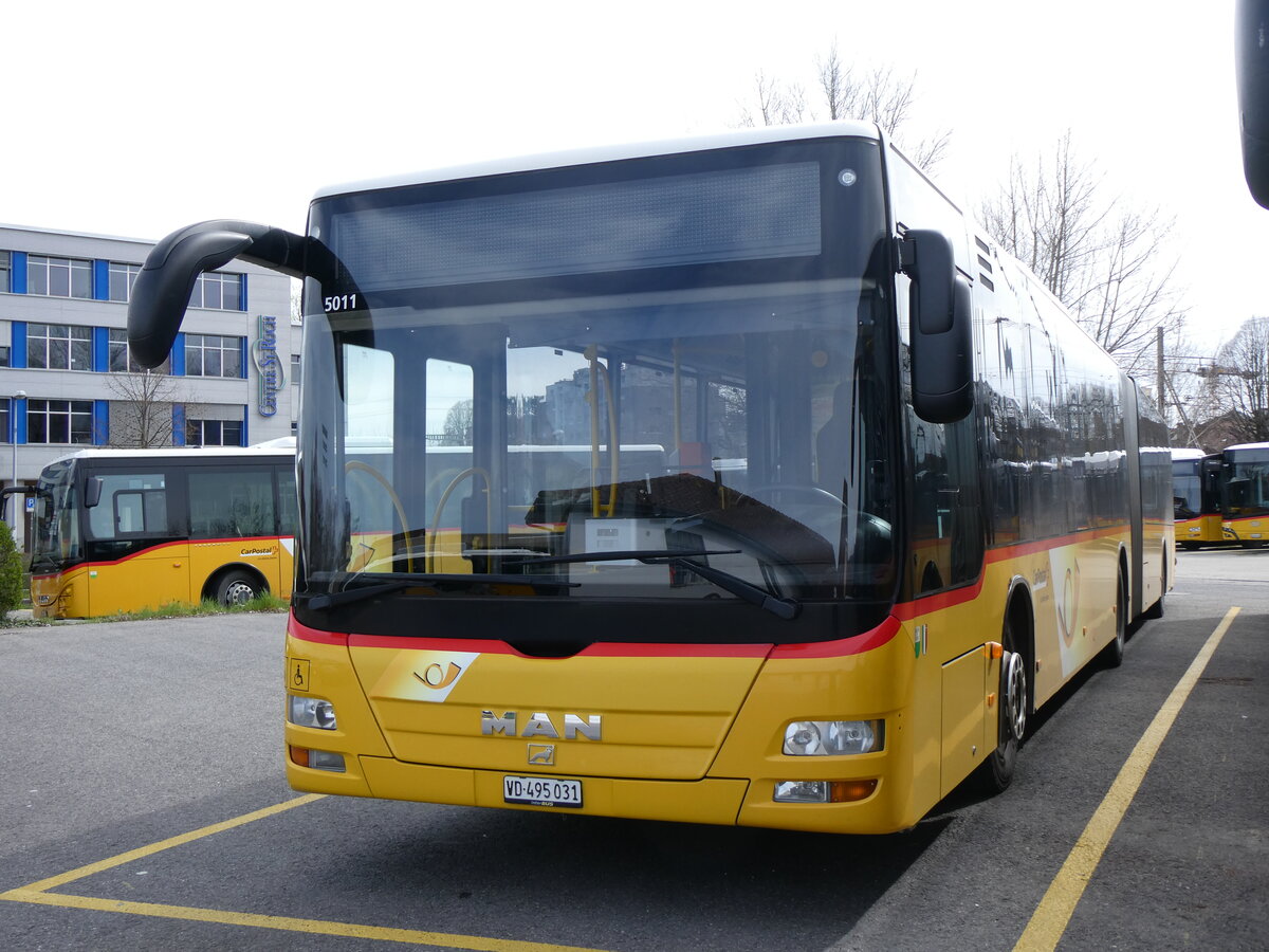 (260'831) - CarPostal Ouest - VD 495'031/PID 5011 - MAN am 29. M�rz 2024 in Yverdon, Garage