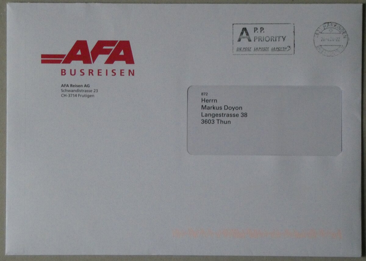 (261'791) - AFA-Briefumschlag vom 26. April 2024 am 28. April 2024 in Thun



