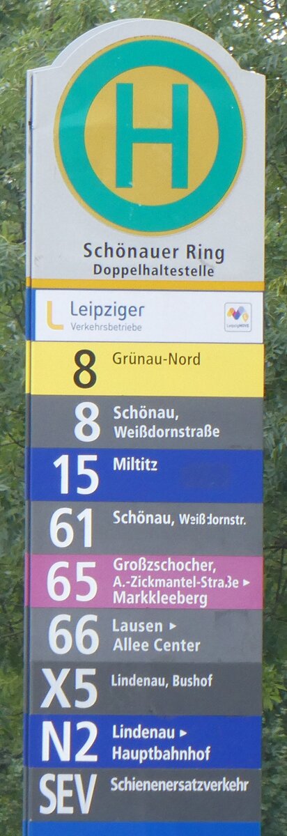 (264'765) - Leipziger Verkehrsbetriebe-Haltestellenschild - Leipzig, Sch�nauer Ring - am 12. Juli 2024
