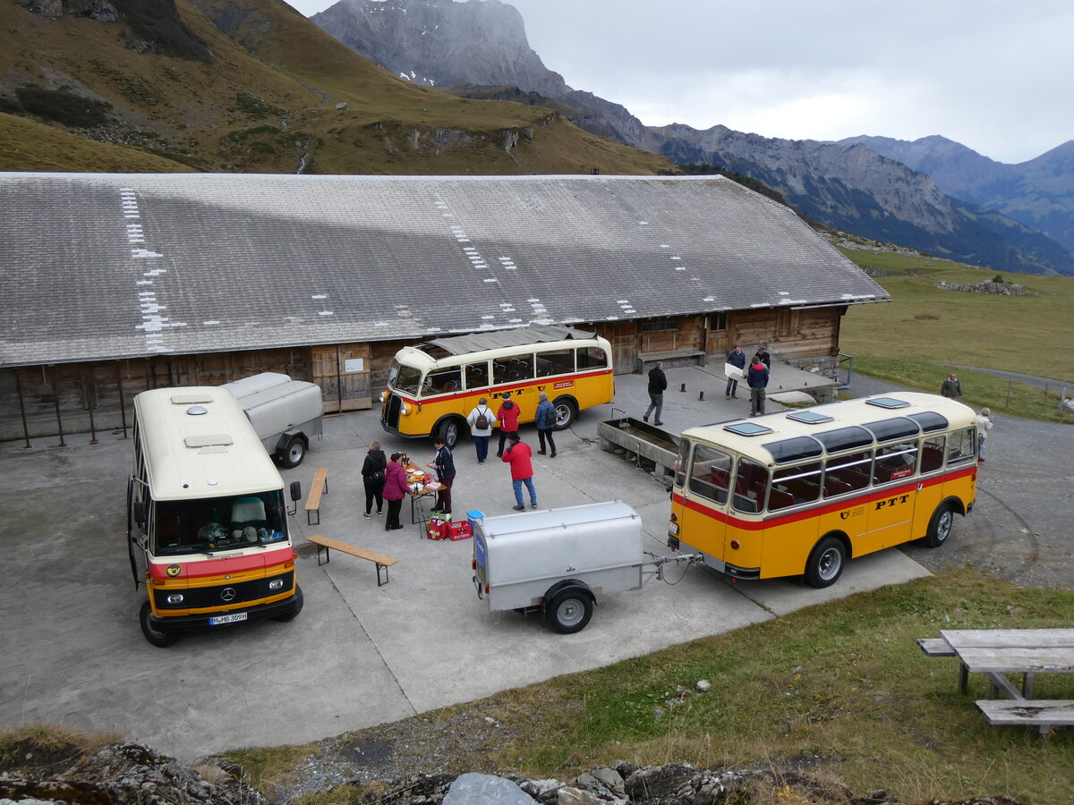 (268'087) - Aus Deutschland: Hahn, M�nchen - Nr. 6/M-MB 309H - Mercedes (ex M�ller, CH-Ennetmoos Nr. 6; ex Portenier, CH-Adelboden Nr. 6/PID 492; ex Geiger, CH-Adelboden Nr. 6) + Schmid, Th�rishaus - Nr. 3/BE 26'760 - Saurer/Gangloff (ex Geiger, Adelboden Nr. 3) + Nr. 9/BE 26'105 - Saurer/R&J (ex Geiger, Adelboden Nr. 9) am 12. Oktober 2024 auf dem Bundl�ger