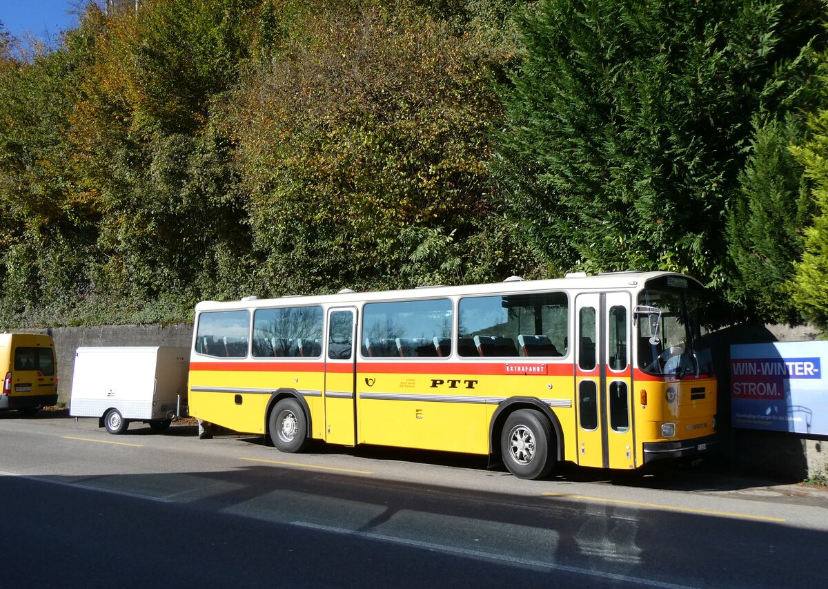(268'429) - Schmid, Th�rishaus - BE 26'206 - Saurer/T�scher (ex P 24'244) am 25. Oktober 2024 in Zwingen, Restaurant Waldeck