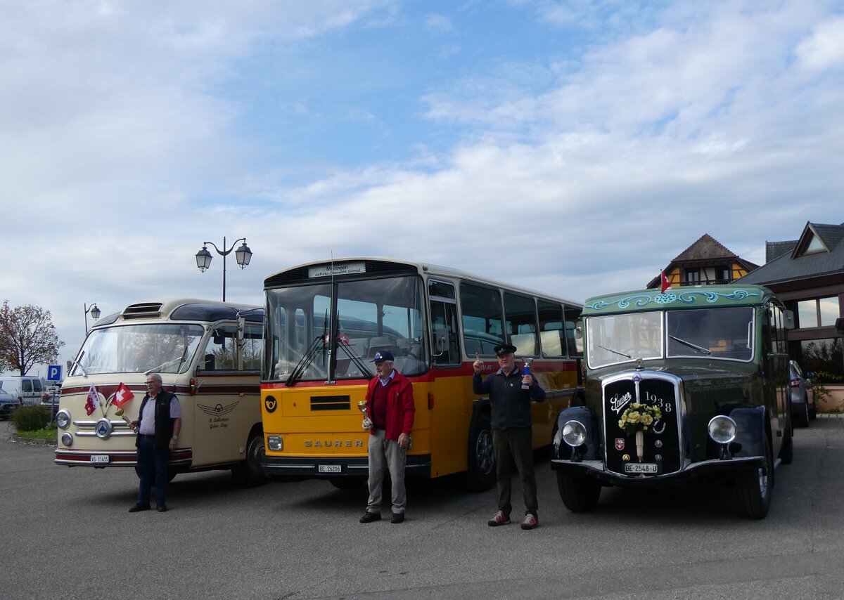 (268'734) - Aus der Schweiz: Ballestraz, Gr�ne - VS 11'615 - Saurer/Saurer (ex Girardet, Yverdon) + Schmid, Th�rishaus - BE 26'206 - Saurer/T�scher (ex P 24'244) + Lorenz, Lyssach - BE 2548 U - Saurer/Saurer (ex Geiger, Adelboden Nr. 8; ex P 1997) am 27. Oktober 2024 in Kintzheim, Cigoland