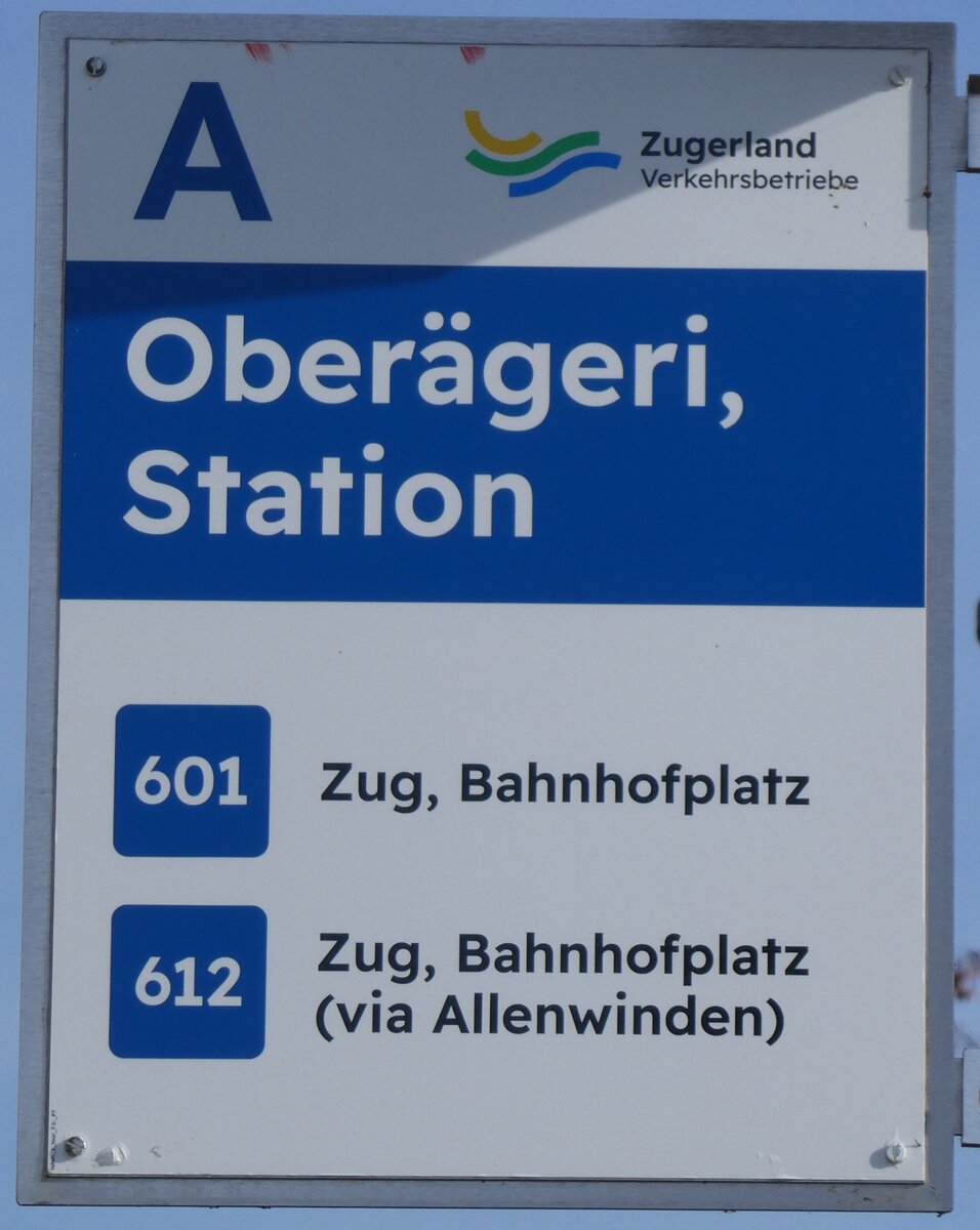 (269'085) - Zugerland Verkehrsbetriebe-Haltestellenschild - Ober�geri, Station - am 9. November 2024
