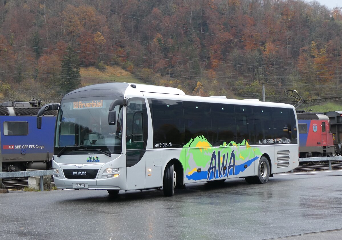 (269'260) - AWA Amden - Nr. 5/SG 39'005 - MAN (ex ATT Cadenazzo; ex St. Gallerbus, St. Gallen; ex Vorf�hrfahrzeug) am 19. November 2024 beim Bahnhof Ziegelbr�cke