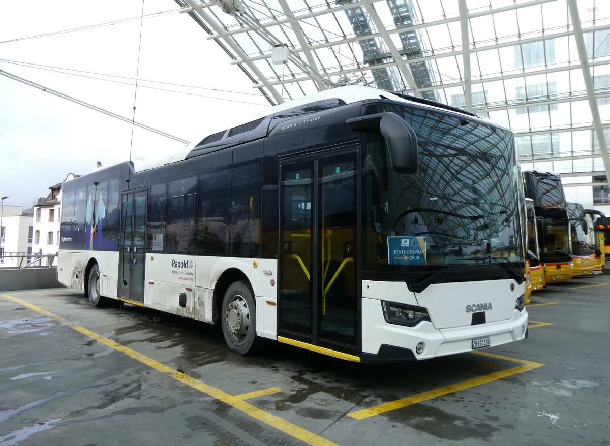 (271'980) - Rapold, Rheinau - ZH 672'328 - Scania (ex PostAuto Nordschweiz PID 11'903) am 14. Februar 2025 in Chur, Postautostation