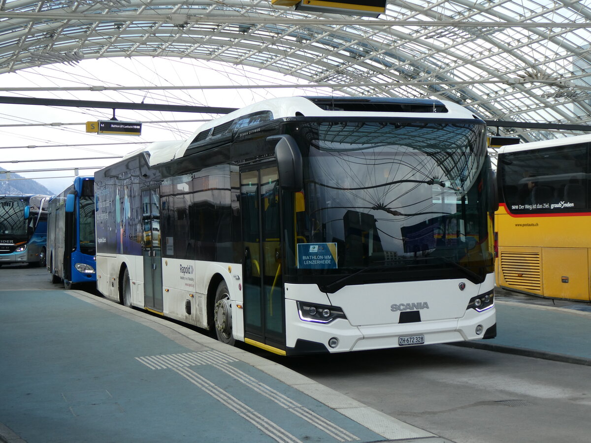 (272'037) - Rapold, Rheinau - ZH 672'328 - Scania (ex PostAuto Nordschweiz PID 11'903) am 14. Februar 2025 in Chur, Postautostation
