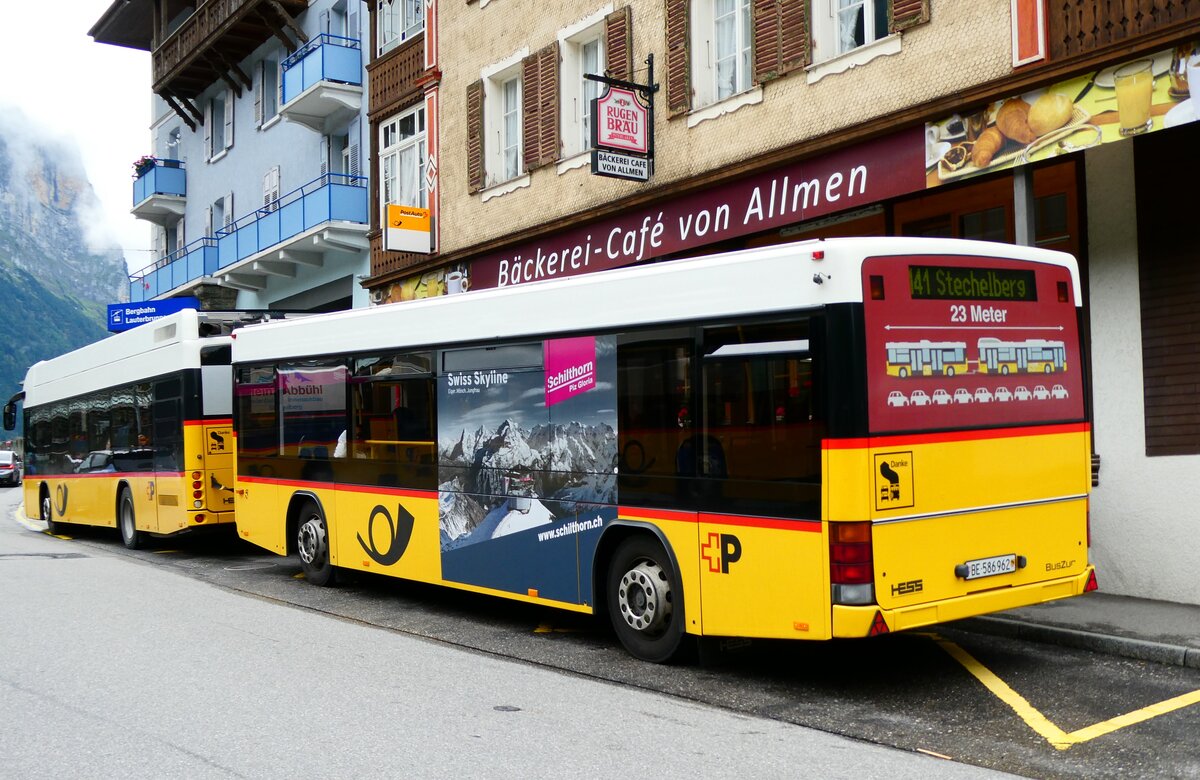 (279'474) - PostAuto Bern - BE 586'962/PID 10'298 - Lanz+Marti/Hess Personenanh�nger (ex BE 497'265; ex VBL Luzern Nr. 308) am 28. August 2025 beim Bahnhof Lauterbrunnen