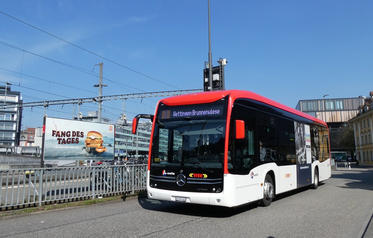 (285'515) - RVBW Wettingen - Nr. 67/AG 550'342 - eMercedes am 19. M�rz 2026 beim Bahnhof Baden