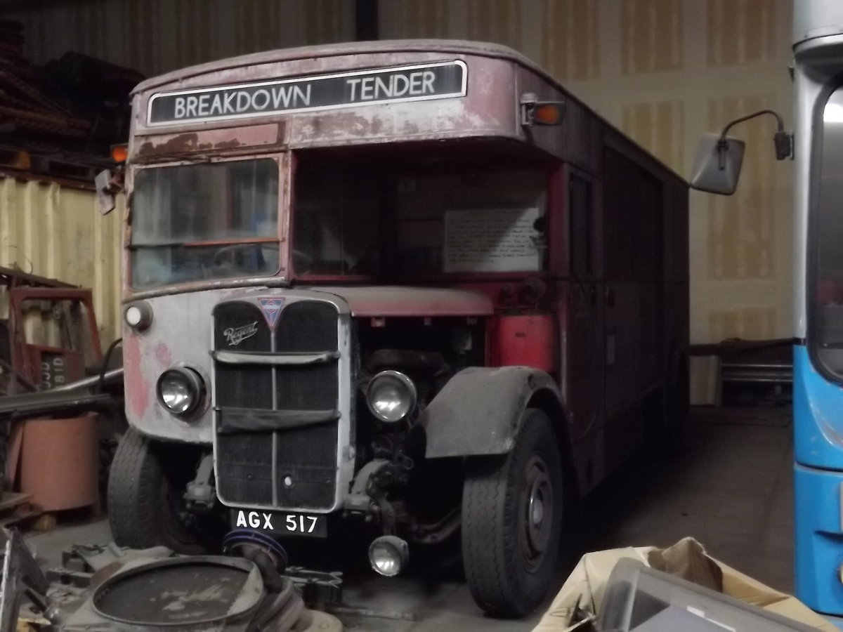 AGX 517
AEC Regent O661
London General Omnibus Company (LGOC) H34/26R
London General STL175

New as a double decker, this bus was converted in February 1950 to a recovery vehicle.
Subsequently exported to Florida, USA, it was repatriated in 2011 and is seen on Saturday 20th July 2013 awaiting restoration at Ensignbus, Purfleet, Essex, England.