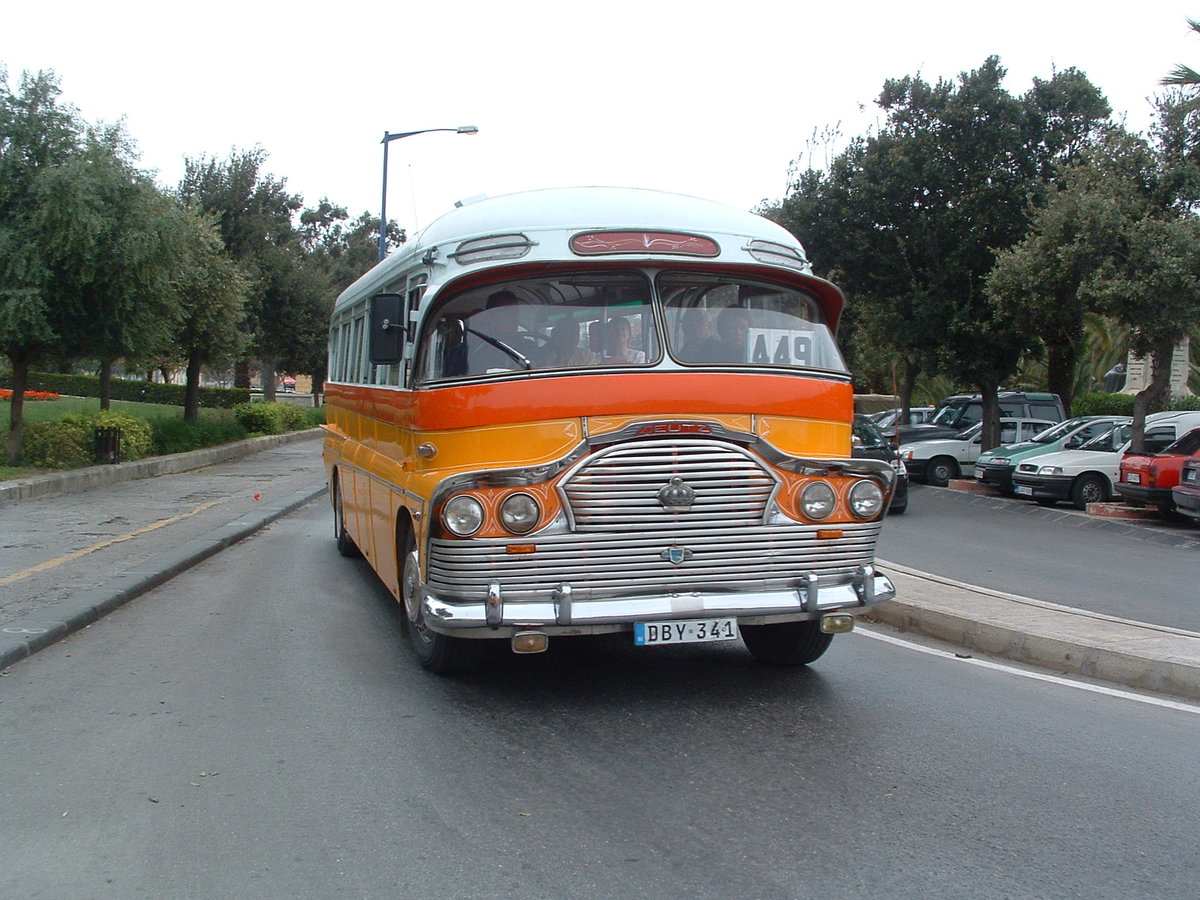 DBY 341 was a  Malta Docks  forward control bus with Brincat B40F bodywork.  These  Malta Dock  buses were built using imported parts and assembled on the dock yards, hence the name.  This bus also carried registrations 857, A-0857, Y-1042 and Y-0341.

Photographed at Floriana, near Valetta on 26th April 2009.