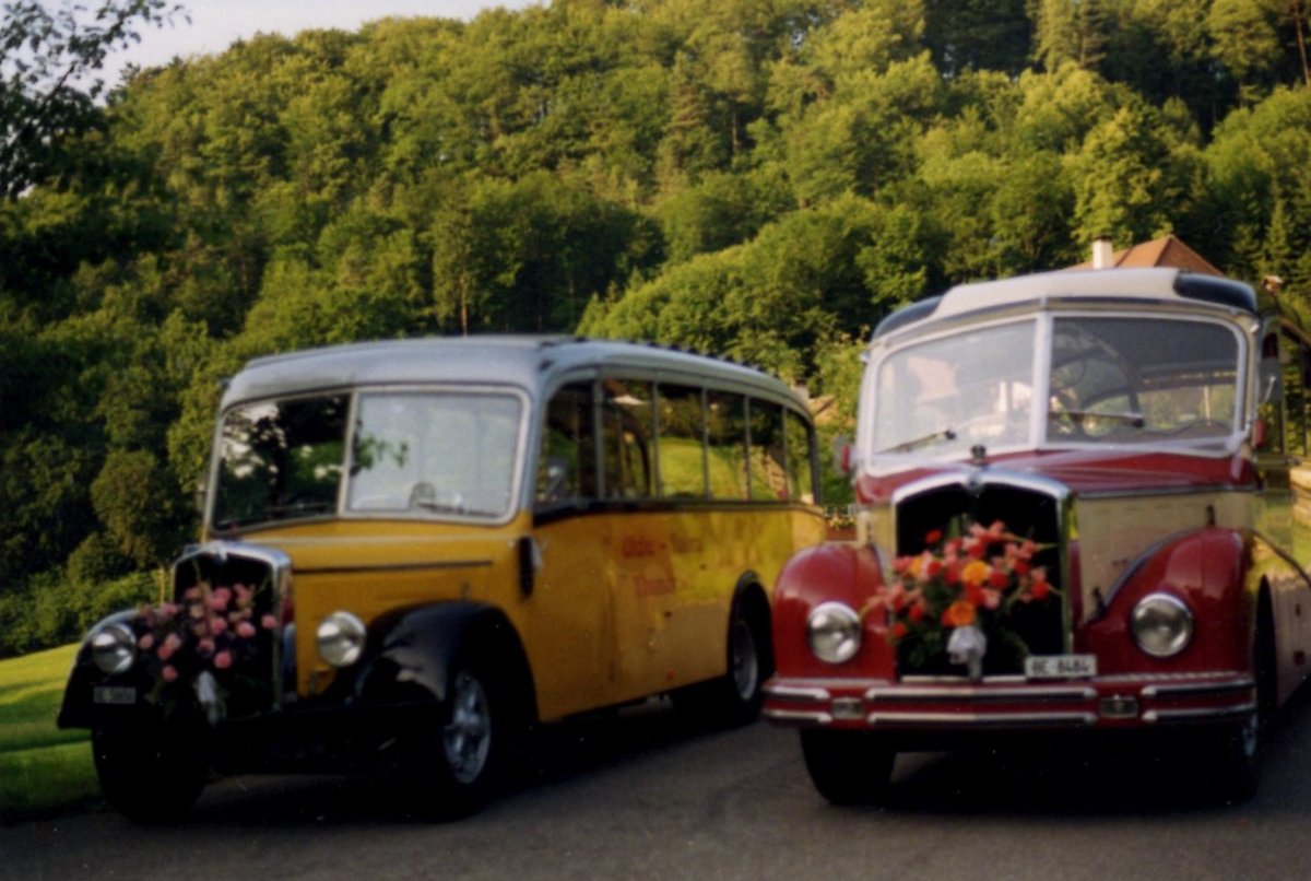 (MD251) - Aus dem Archiv: Reusser, Thun - BE 58'656 - Saurer/H�nni (ex Kontiki, Wettingen; ex Nussbaumer, Ganterschwil) + BE 8484 - Saurer/R&J (ex H�sler, Menziken) um 1995