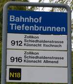 (164'959) - ZVV-Haltestellenschild - Z�rich, Bahnhof Tiefenbrunnen - am 17.